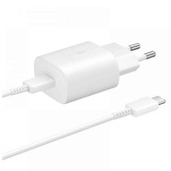 USB - USB töltő, hálózati, 1xUSB-C,  25W, +USB-C kábel, gyorstöltő, Samsung, feh