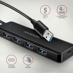 USB - HUB, 4 port, passzív, USB 3.0, Axagon HUE-C1A (opcionális táp)