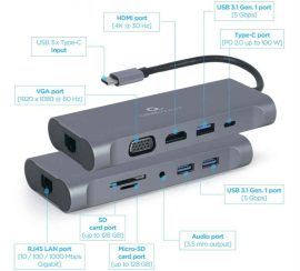 KELLÉK - Dokkoló, USB-C (5 Gbps) apa -> VGA/HDMI/3xUSB3.0/1xUSB-C/LAN, Gembird