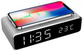 USB - Vezeték nélküli töltő+óra, Gembird alarm clock wireless charger, Qi, ezüst