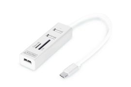 USB - HUB, 3 port, passzív, USB-C (480Mbps) -> 3 x USB-A+SD/MicroSD, fehér