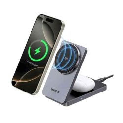 USB - Vezeték nélküli töltő, Ugreen, 2in1, Qi2, 15W, MagSafe, ezüst