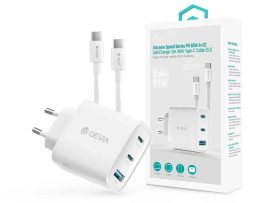 USB - USB töltő, hálózati, 2xUSB-C+1xUSB-A,  65W, Devia GaN, fehér, +2m C-C káb.
