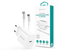USB - USB töltő, hálózati, 1xUSB-C,  30W, Devia GaN, fehér + USB-C/Lightning káb