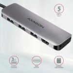   KELLÉK - Dokkoló, USB-C (5 Gbps) apa -> HDMI/3xUSB3.0/SD-microSD olvasó, Axagon
