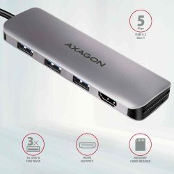 KELLÉK - Dokkoló, USB-C (5 Gbps) apa -> HDMI/3xUSB3.0/SD-microSD olvasó, Axagon