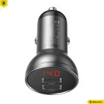  USB - USB töltő, autós, 2xUSB-A, 4.8A/24W, Baseus, LCD kijelzővel, fekete